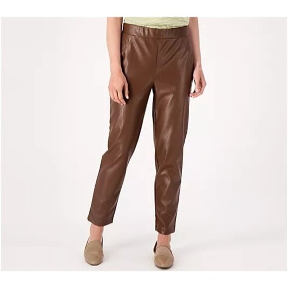 Isaac Mizrahi Live! Pants - Isaac Mizrahi Live Regular Faux Croc Leather Slim Ankle Pants Cocoa Brown 0